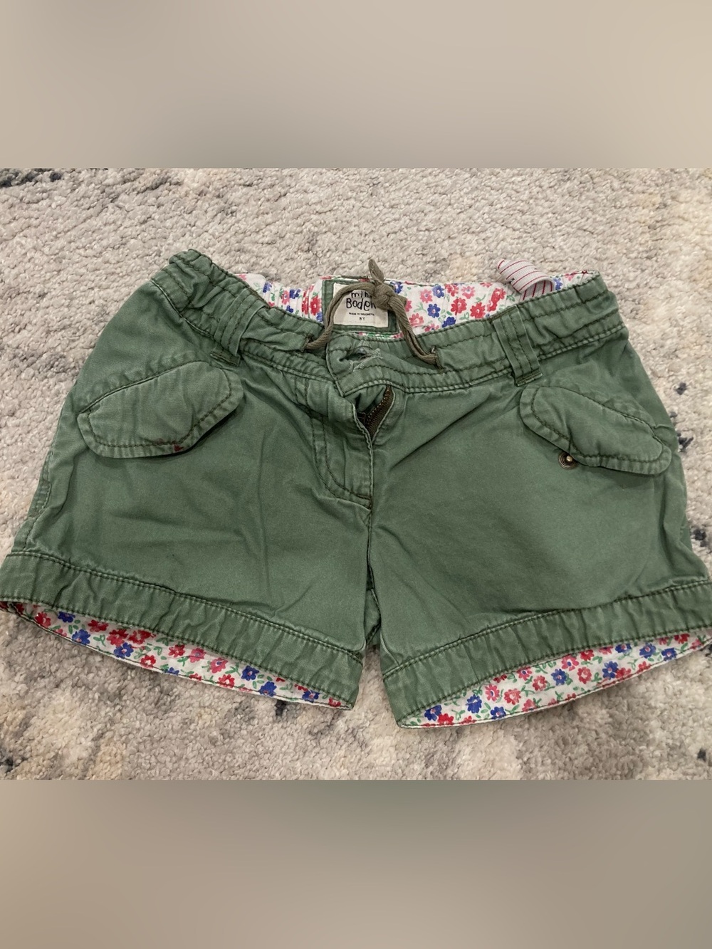 Boden Girls' Olive Green Cargo Shorts with Floral Trim